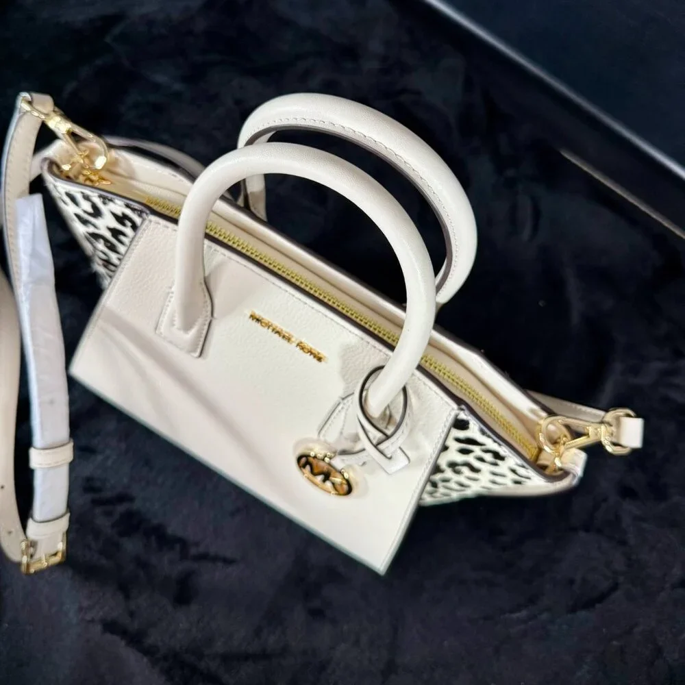 Michael Kors Avril Small Leather and Cheetah Print Calf‎ Hair Satchel